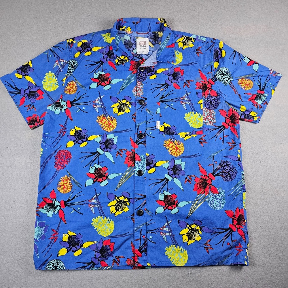 Topo Designs Button Up Shirt Mens Large Blue Short Sleeve Floral Print Hibiscus